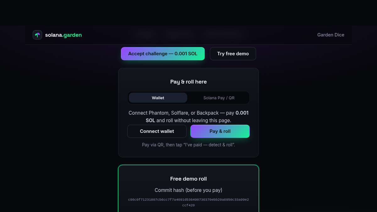 Garden Dice challenge page — beat roll of 4 with free demo and Solana Pay